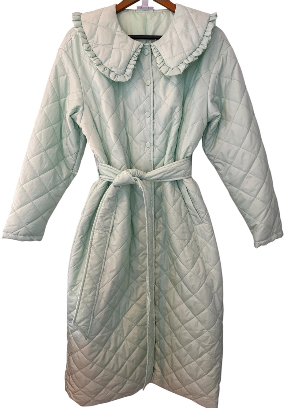 Neon Rose Mint Green Quilted Belted Coat | Ruffle Collar | XS